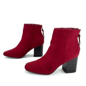 Journee Collection Red Block Heel Ankle Boot Size 7.5 Faux Suede Round Toe New